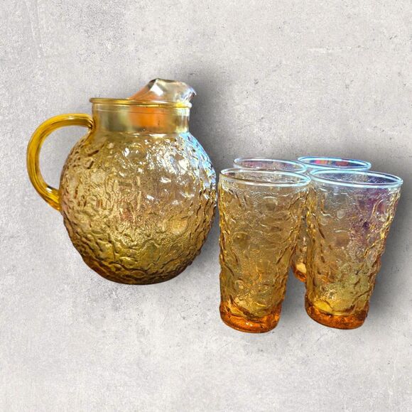 Vintage Anchor Hocking Lido Milano Amber Crinkle Pitcher 4 Tumblers Mid-Century - Picture 2 of 16